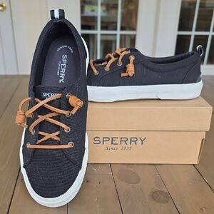 Sperry Pier Wave LTT Canvas Black Sneakers with Tan Laces Women's 8.5 Medium